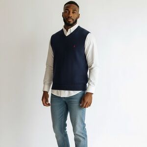 Polo by‎ Ralph Lauren Men’s Sweater Vest Navy Blue 100% Cotton V-Neck Size Large